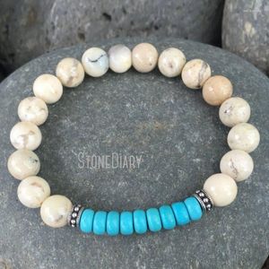 Strand BM20990 Healing Energy Turquoise Howlite and African Opal Gemstones Wrist Mala Prayer Beads Yoga Bracelet