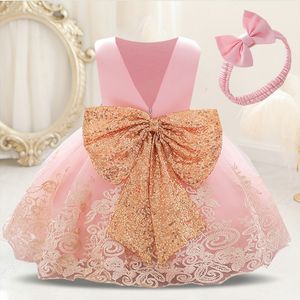 Girl's Dresses Pageant Ceremony Child Baptism 2 1 Year Birthday Baby Girl Clothing Princess Party Gold Bow Toddler Vestidos 230327