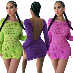 2023 Nya kvinnor avslappnade klänningar Sexig fast färg Fashion Round Collar Hollowed Out Ice Silk Long-Sleeve Midi Dress Women's Dresses Clothing