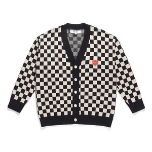 Designer Men's Sweaters Play Com des Garcons CDG V Neck Button Cardigan Red Heart Black White Checked Wool Size XL