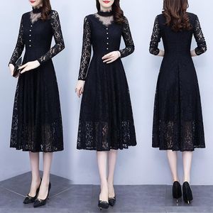 Casual Dresses 2023 Autumn Solid Black Lace Dress Female Slim And Thin Temperament Hollow Long Sleeve Mid-length Skirt Party Evening