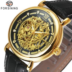 Zegarek luksusowe złote mężczyźni szkielet auto mechaniczny zegarek skórzany pasek rzymski numer kryształowy dekoracja na rękę królewską