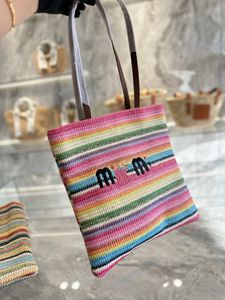 Fashion Straw Beach Bag Rainbow Embroidery Straw Woven Tote Bag Color Stripes Woven into a Super Large Capacity Very Worth Getting Started!
