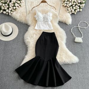 Mode tvådelar klänning kvinnors super odödliga 3D blommor bindande pärla suspender tank topp två bitar hög midja inslagna höftfiskstopp kjol
