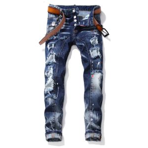 Jeans da uomo Jeans firmati Jeans per uomo Mens Slim Fit Ricamo elastico Stella a cinque punte Baffo di gatto Sbiancante Jeans da uomo con foro rotto Stesso stile Jeans di alta qualità