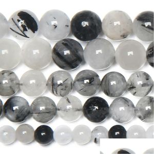 Sten 8mm naturlig slät svart rutilerad kvartskristaller Lossa pärlor 15 sträng 4 6 8 10 12 mm plockstorlek för smycken droppe dhedx