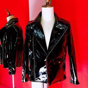 Men's Leather Faux Bar Nightclub Male Singer Jacket Costume Red Black Patent Coat Punk Style Motorcycle Fur Stage Clothes 230328