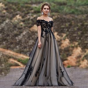 Abiti da festa con spalle scoperte Maniche corte con cristalli applicati in pizzo Aline Black Wedding Sweep Train Sexy Bridal 230328