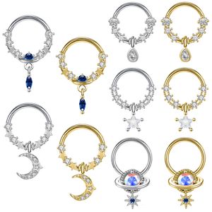 Nosringar Studs ZS 16G Gold Plated Dangle Nose Ring rostfritt stål Septum Clicker Jewelry Star Moon Nose Piercings Zircon Helix Daith Earring 230328