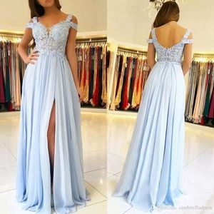 Baby Blue Lace Appliqued A-line Bridesmaid Dress Chiffon Side Split Wedding Guest Gown Plus Size Prom Evening Party Dress BM1661