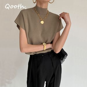 Damen T-Shirt Qooth Solid Stehkragen Strickweste Kurzarm Büro Dame All Match Fashion Shirt Lose Elegante gerade Tops QT908 230328