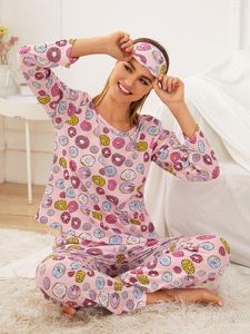 Women's Sleepwear Women's Cute Cartoon Graphics Doughnut Print Pajama Set Round Neck Long Sleeve And Pants Comfortable Leisure Homewear