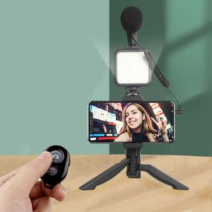Stativ telefon vlog mini stativ med mikrofon LED -ljus bärbar telefonhållare stativ för iPhone 13 Pro max kamera slr video vlog z0328