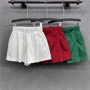 Women's Shorts Elastic Waist Loose Pleated Denim Women Simple Green White Red Summer Thin Wide Leg Casual Sports Trousers C8204