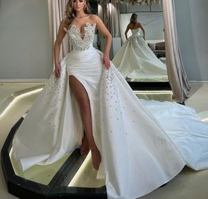 Vestidos de noiva de sereia elegantes sem mangas v lantejoulas de miçangas de pescoço Apliques renda sexy cetim de trem destacável Vestidos de noiva lateral