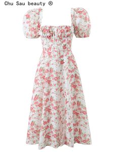 Lässige Kleider Frauen Frühling Sommer Vintage Mode Puffärmel Blumendruck Schlanker quadratischer Kragen Seitenschlitz Langes Midikleid 230327