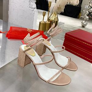 Marcas de verão de luxo Renescaovillas Cleo Sandálias Sapatos Nappa Cetim Salto bloco de altura média Crystal Spiral Wraps Gladiator Sandalias Casamento, festa, vestido, noite