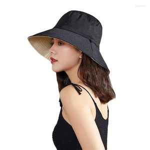 Chapéus largos da borda 2023 Summer Beach Sun for Women Reversível Big Visor Protection Bucket Hat com corda à prova de vento Caps de hip hop eger22