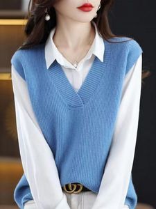 Women's Vests TuangBiang Female Sleeveless Sweaters Vest V-Neck Pullover Cotton Women Knitted T-Shirts Blue Elasticity French Tank Tops 230328