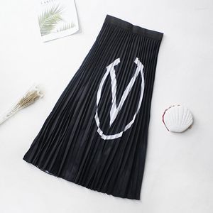 SKIRTS CIRCLE V PRIMAÇÃO PRIMAÇÃO DE CHIFFON Vintage Carismático Logo Black Summer A Line Swing Pleated Casual Jupe Rs026