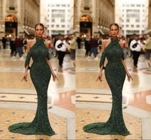 Moroccan Kaftan Mermaid Evening Dresses Dark Green Abaya Sequined Prom Dresses robe de mariee Formal Birthday Celebrity Pageant Special Occasion Party Gowns