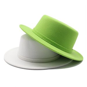 Eleganta kvinnor platt topp fedora hattar med filtband fast färgimitation ylle jazz cap breda brim damer båt bowler hattar