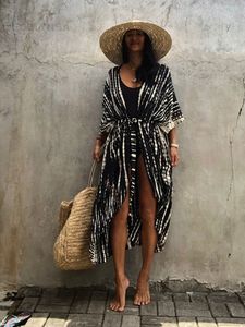 Kvinnors badkläder 2023 Bikini Coverups Black Retro Striped Self Belted Women Summer Clothing Kimono Dress Beach Wear Swim Suit Cover Up Q1225 230328