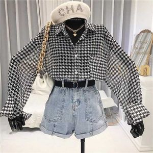 Kvinnors blusar skjortor houzhou pläd skjorta vintage chiffong transparent blus överdimensionerad långärmad knapp upp cardigan chic koreansk mode sommarstopp y2303