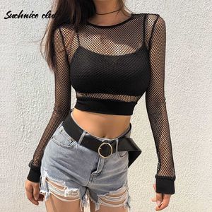 Women's T-Shirt Women Sexy See Fishnet sleeves Crop Top Black Mesh O-neck Pleated Camisole Europe and America Ladies Long Sleeve T-Shirt P230328