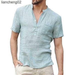 Herren Freizeithemden 2020 Baumwolle Flachs Leinenhemd Herren Casual Slim Fit Pocket Tops Tasche 3 Knöpfe Solide Strand T-Shirt Kurze Ärmel Für Männer Plus Size W0328