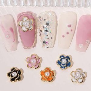 Nagelkonstdekorationer 10st Camellia Pearl Flower Jewelry Crystal Drip Oil Rhinestone Rose Alloy Design Wedding Manicure