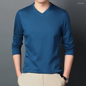 Мужские рубашки T Mercerized Cotton футболка для мужчин с длинным рукавом легкая дышащая V Sece Tshirt Мужская белая сплошная футболка