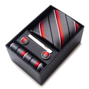 Neck Tie Set est design Classic Factory Sale Holiday Present Silk Handkerchief Cufflink Necktie Box Wedding Accessories Striped 230328