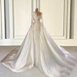 Party Dresses High Quliaty Satin Wedding Dubai 2023 Bride Luxury Pearls Beads Long Sleeves African Bridal Gowns Plus Size Custom Made 230328