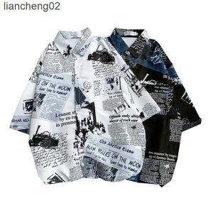 Men's Casual Shirts Newspaper Printed Hawaiian Beach Shirt for Men 2020 Summer Short Sleeve 3XL Aloha Shirts Mens Holiday Vacation Clothing Chemise W0328