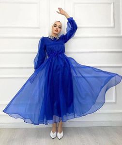 Partykleider Arabisch Dubai Frauen tragen Kleid für Hochzeiten Perlen hoher Kragen Schärpe Abschlussball lange Ärmel knöchellang Organza formelle Kleider