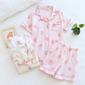 Women's Sleepwear 2 Piece Summer Peach Crepe Cotton Pajamas Set Woman Sleepwear Female Short-Sleeved Pijama Suit Loungewear Ladies Pyjama Mujer 230328