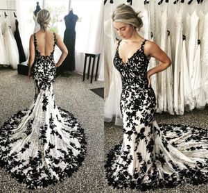 Party Dresses Black White Mermaid Country Wedding Full Lace Applique Gotic Backless Garden Outdoor Bridal Gown Vestido Robes 230328