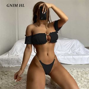 Bikinis Seti Gnim Sexy Hollow Out Katı Bikini Mayo Kadınlar 2 Parça Set 2021 Yaz Bandeau Kısa Kollu Zincir Mayo Kadın Mayo Takım P230328