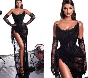 Sexy abito lungo nero da ballo 2023 Guaina senza spalline laterale in pizzo da sera in pizzo Abiti da cerimonia per donna formale Spettacolo di compleanno Robe De Soiree