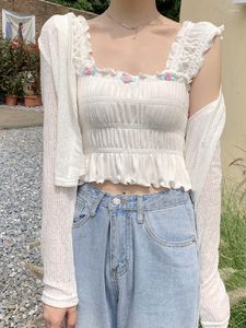 Serbatoi da donna Donne giapponesi Lolita Crop Bretelle Camicia floreale 2023 Estate Dolce Breve Stile Preppy Studente Kawaii Elastico Y2k Canotta