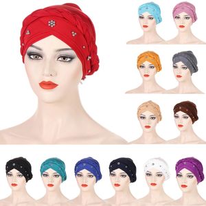 Donne indiane Perline Hijab Trecce Cofano Chemio Berretti Musulmano Cancro Beanie Perdita di capelli Cappello Islamico Copricapo Sciarpa Copertura Lady Turbante