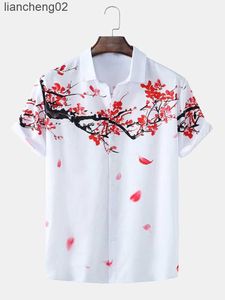 Men's Casual Shirts Men Clothing 2022 Summer New Men's Casual Ink Painting Plum Short Sleeve Shirts Beach Shirts for Men W0328