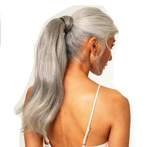 塩と胡pepper銀灰色の人間の髪のポニーテール拡張絹のような灰色のポニーテールヘアピース染料フリーナチュラルハイライトホット販売140g中程度の長さ
