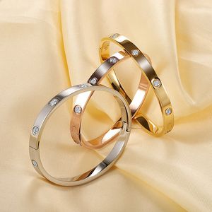 Bracciale rigido da donna in acciaio inossidabile con cinturino in cristallo stile semplice per regalo, festa, argento, oro rosa