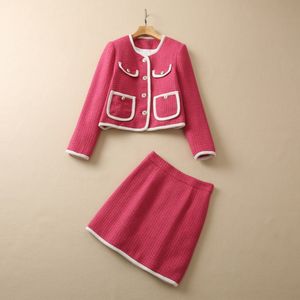 Spring Pink Contrast Color Two Piece Dress Sets Long Sleeve Round Neck Tweed Single-Breasted Coat & Panelled Short Skirt Suits Set S2N03SK