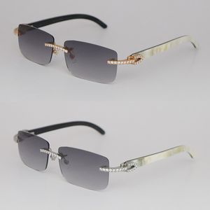 Luxus-Moissanit-Diamant-Set, randlose Sonnenbrille für Damen, 3524012, große Steine, 2,5-Karat-Diamant-Sonnenbrille, original weiße Innenseite, schwarzes Büffelhorn, Herren und Damen