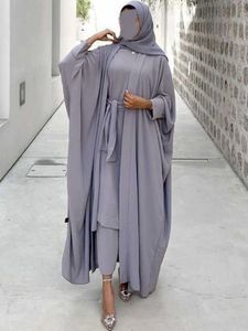 Ethnic Clothing Eid 2 Piece Abaya Matching Muslim Sets Hijab Dress Open Abayas for Women Dubai Turkey Short Sleeve Inner Dresses African Islam 230328