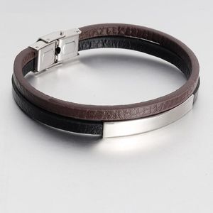 Charm Bracelets Vintage Double Layer Leather Men Bracelet Stainless Steel Bangle Toggle-clasps Clasp Brown Black Male Accessories