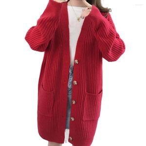Women's Knits Pockets Ribbed Trim Single Breasted Women Sweater Coat Autumn Winter Mid-Length Knitted Cardigan Female Knitwear